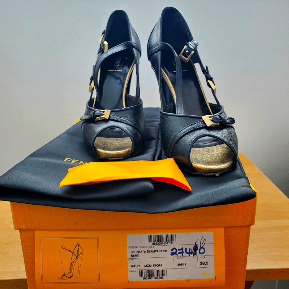 Fendi Black and Gold Heels with Chic Ankle Strap and Peep-Toe Design
